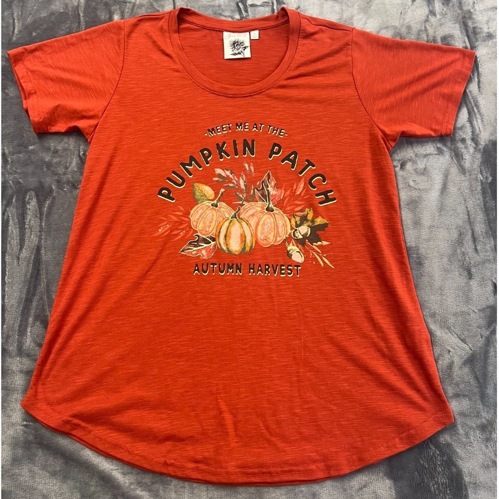 Joie & I T Shirt Womens Small Orange Meet Me At The Pumpkin Patch Graphic Print